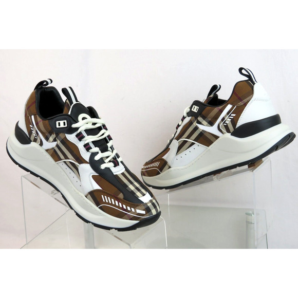 $670 BURBERRY SEAN BROWN CHECK CANVAS WHITE BLACK LEATHER SNEAKERS 41.5 US 8.5 main image 7
